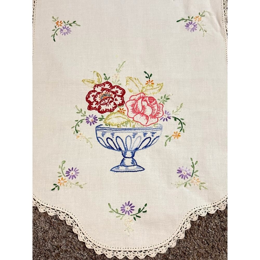 Embroidered Dresser Scarf Table Runner Pair Flower Basket Design Vintage Cottage
